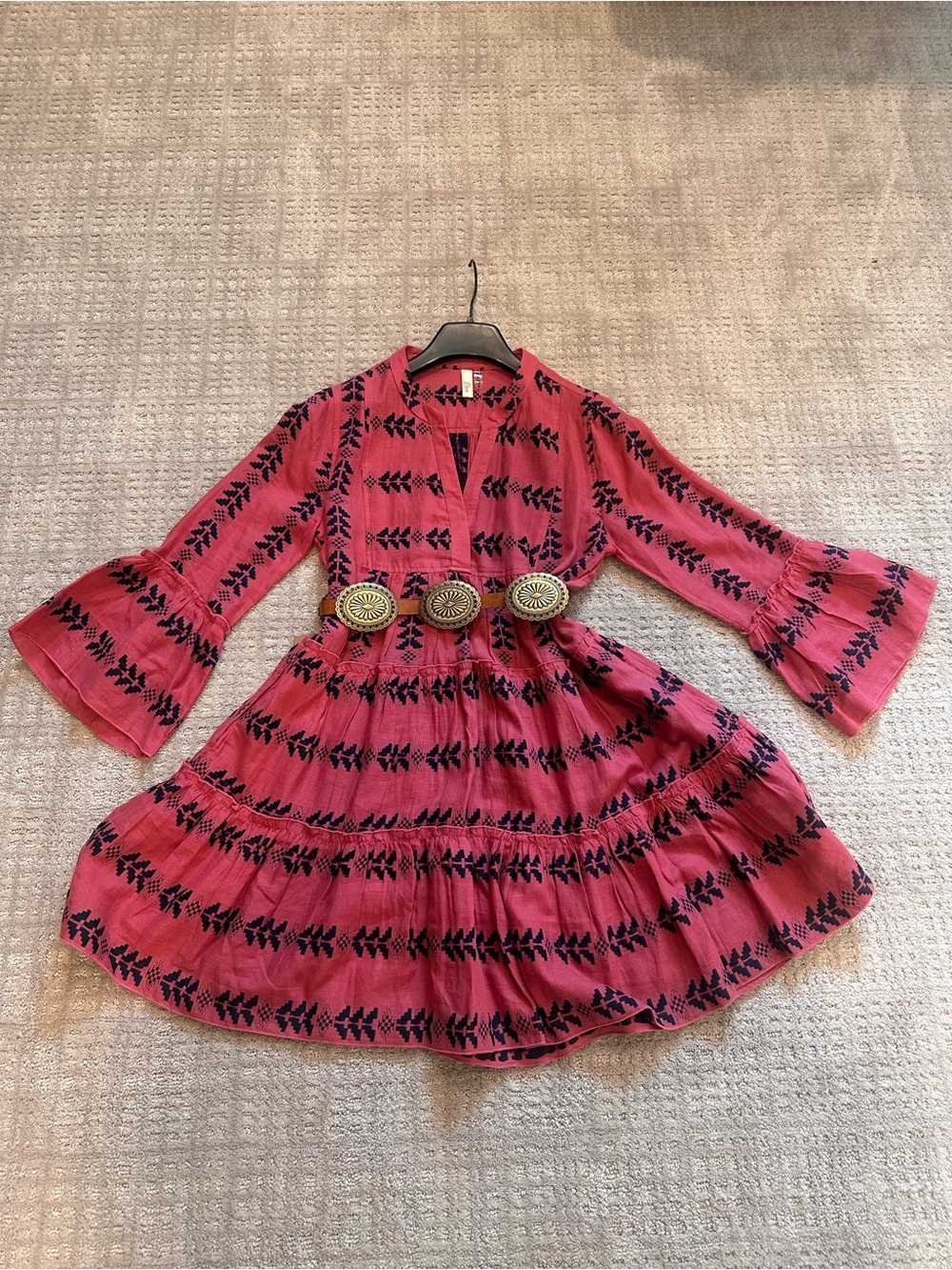 Elan Rose Pink Printed Tiered Dress with Bell Sleeves